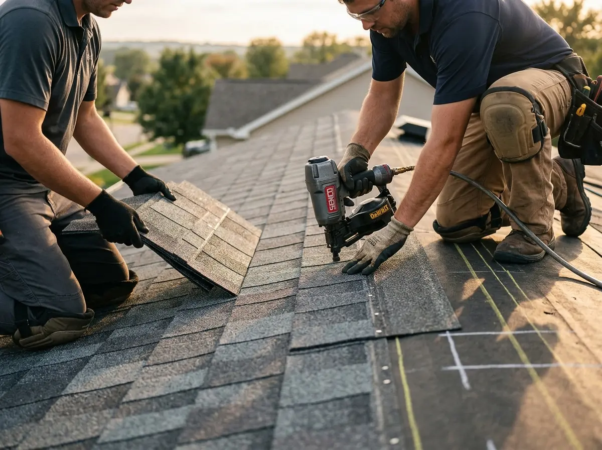 Professional roofer working on a residential roof in Sarasota